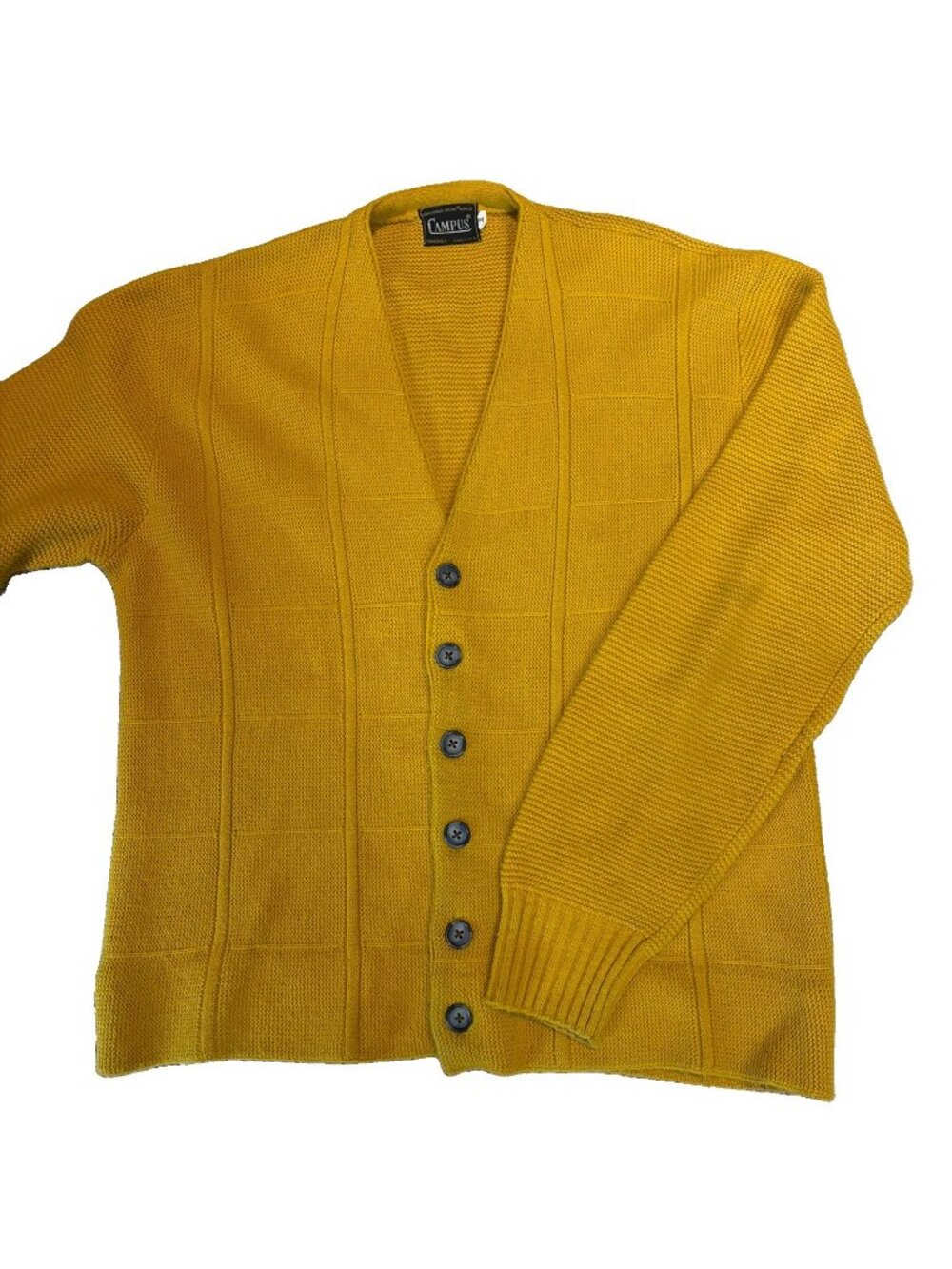 Vintage 60s Campus Mens Cardigan Sweater Size M Mustard Orlon Windowpane Grandpa